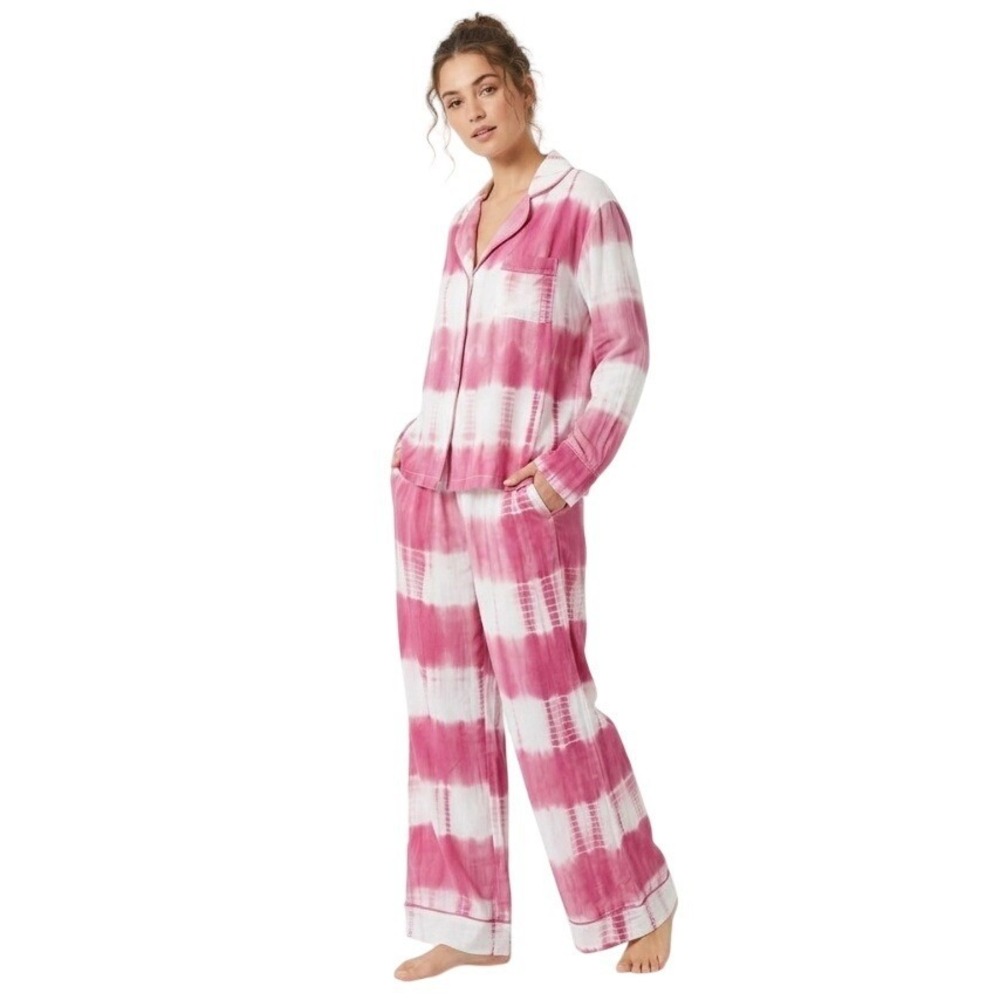 Love+Harmony Pajama Set Womens Med Pink White Stripe Rayon Button Front Lounge